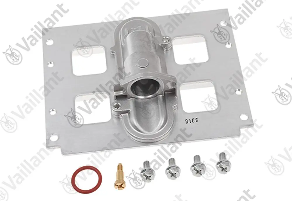 Vaillant Düsenstock aus Metall mit Montageplatte, mehreren Befestigungsschrauben und Dichtungsring, geeignet für Heizungsanwendungen.